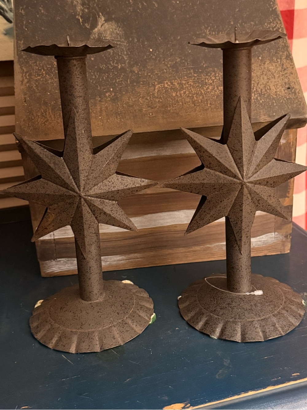 Rustic Vintage Starburst Metal Candle Holders - Pair, Brown